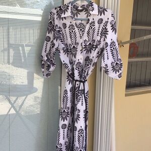 Mlle Gabrielle Black & White Floral Midi Shirt Dress with Tie Waist